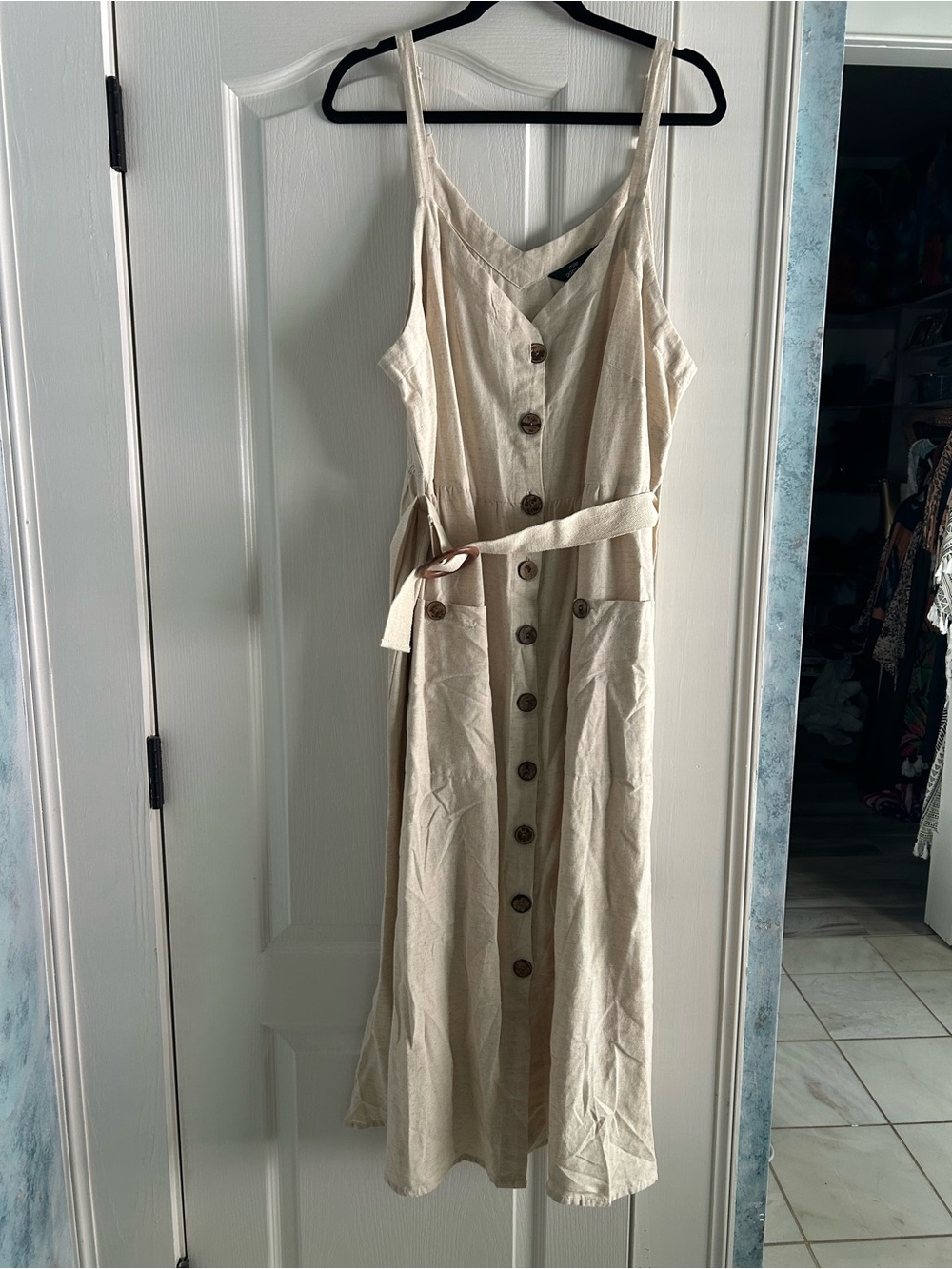 Mlle Gabrielle Cream Button-Front Midi Dress with Belt
